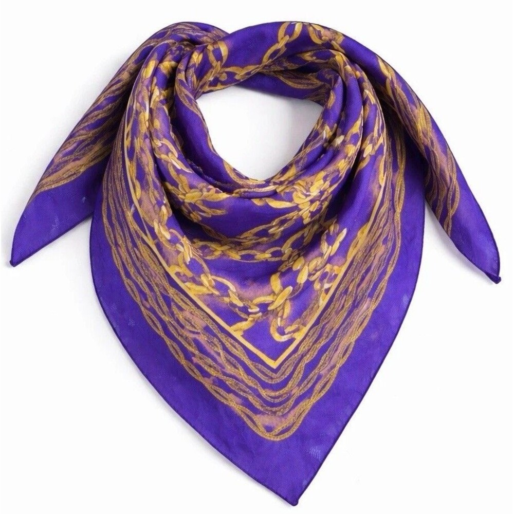Vintage Purple Chain Print Scarf Gold Square Neckerchief Bandana Retro 30"